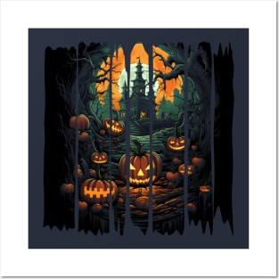 Haunted House and Jack-o-Lanterns Halloween Posters and Art